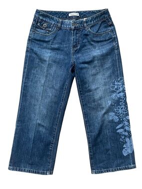 Women's Blue Wide-Leg Capri Jeans with Side Floral Print - Coldwater Creek